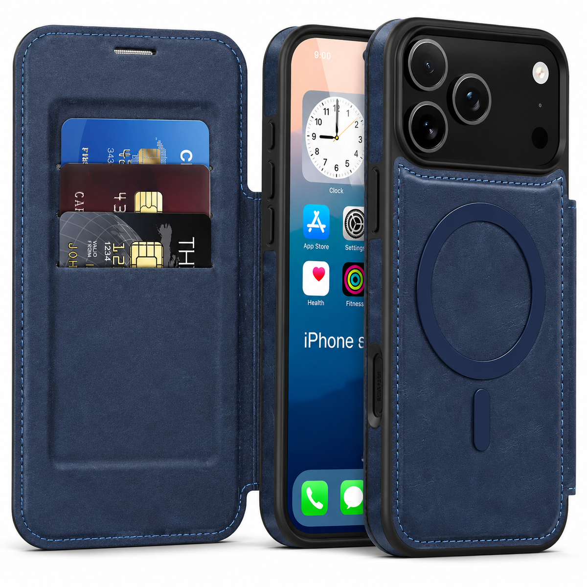 An open navy blue flip case displays three cards in its inner flap beside a phone screen. A rear view shows stitched blue trim and a magnetic ring beneath the black camera panel.