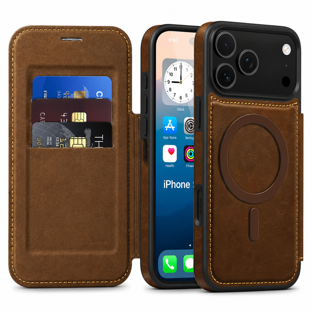 An open dark brown leather-look flip case shows three payment cards in the inner flap. Its rear view displays a magnetic ring and stitched border below the camera panel.