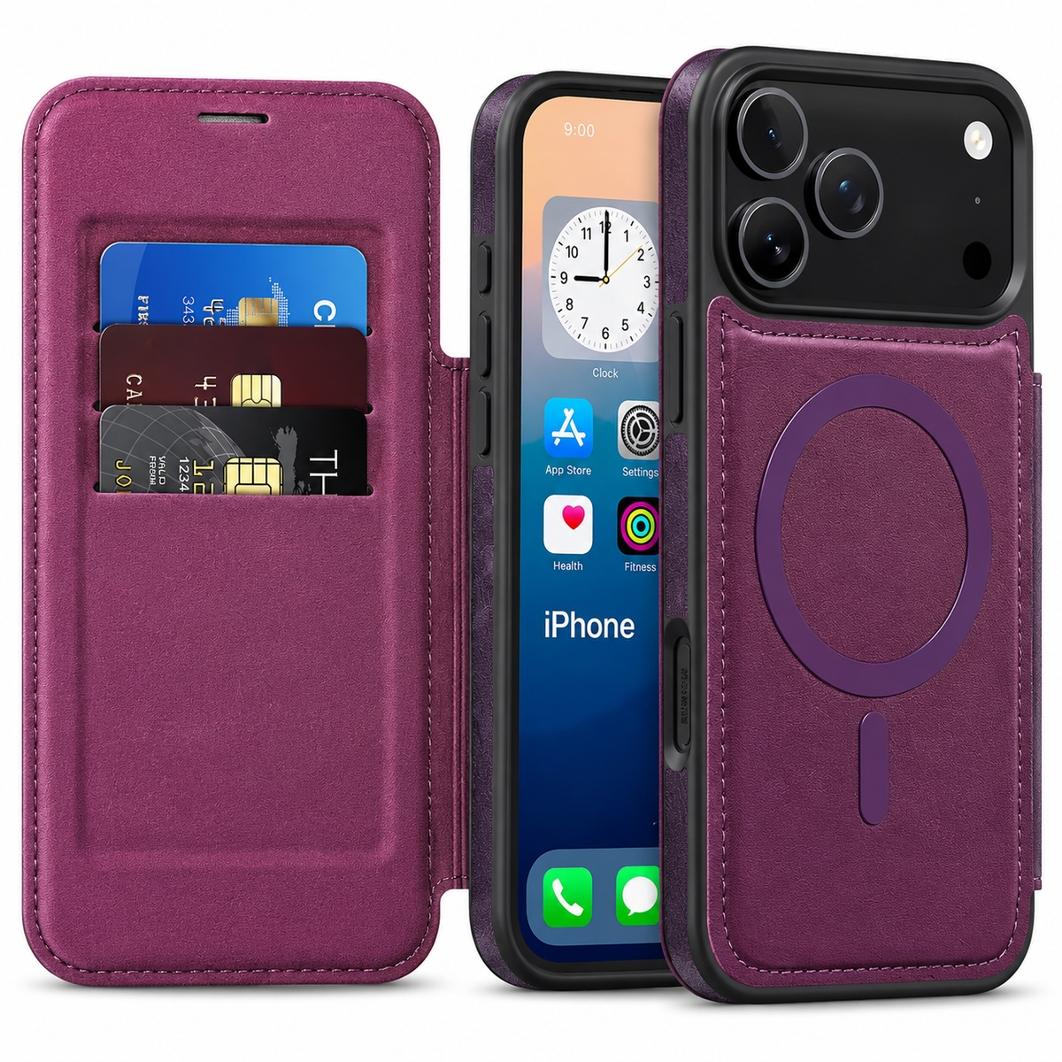 An open purple leather-look flip case holds three cards beside a phone screen. A rear view shows a purple magnetic ring and stitched edges beneath the camera panel.