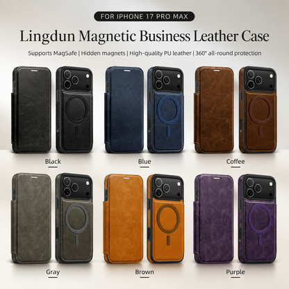 Front and rear views show flip cases in six labeled colors: Black, Blue, Coffee, Gray, Brown and Purple. Each rear has a magnetic ring; text identifies the design for iPhone 17 Pro Max.