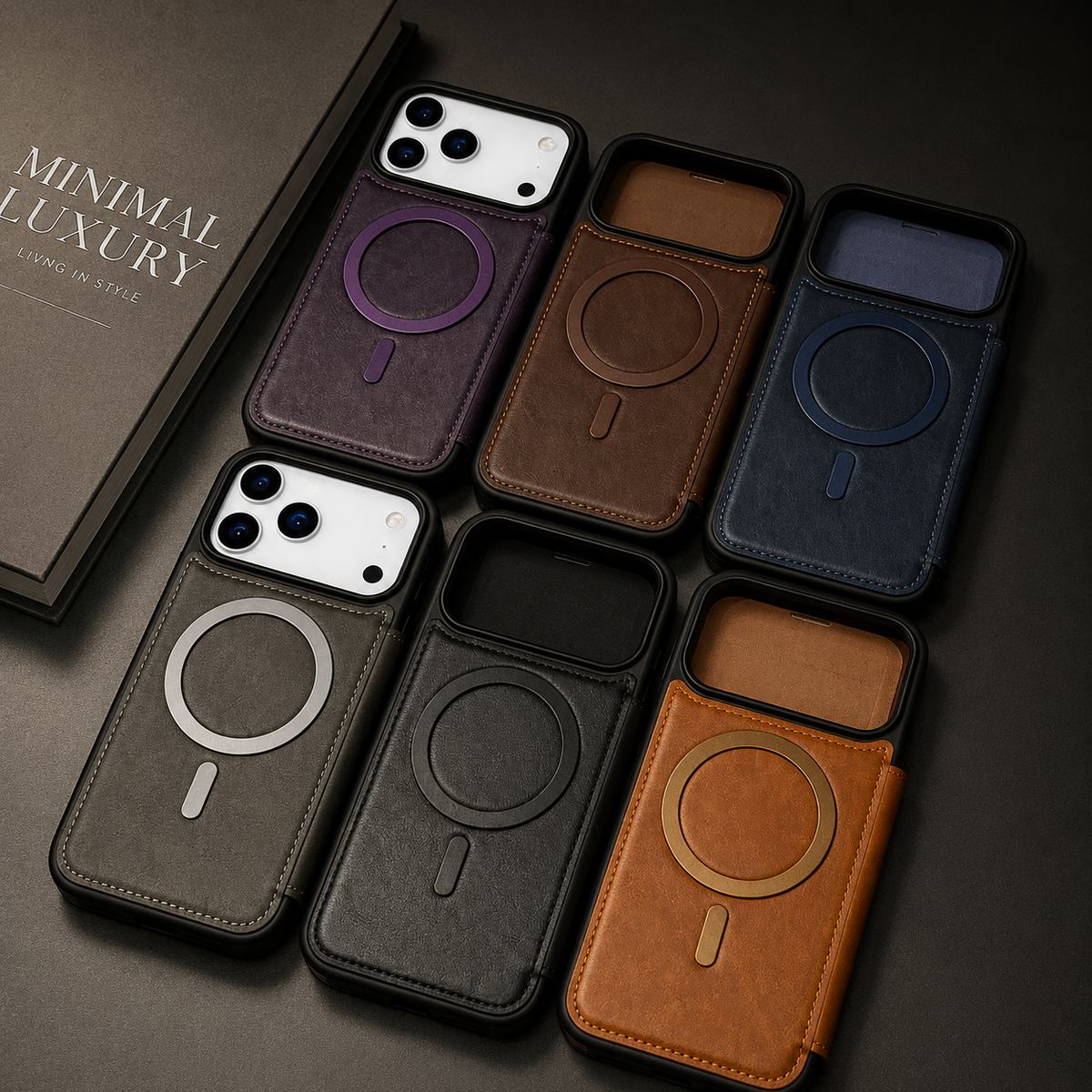 Purple, brown, blue, gray, black and tan flip cases lie in two rows on a dark desk beside a notebook. Their stitched backs display magnetic rings below large camera openings.