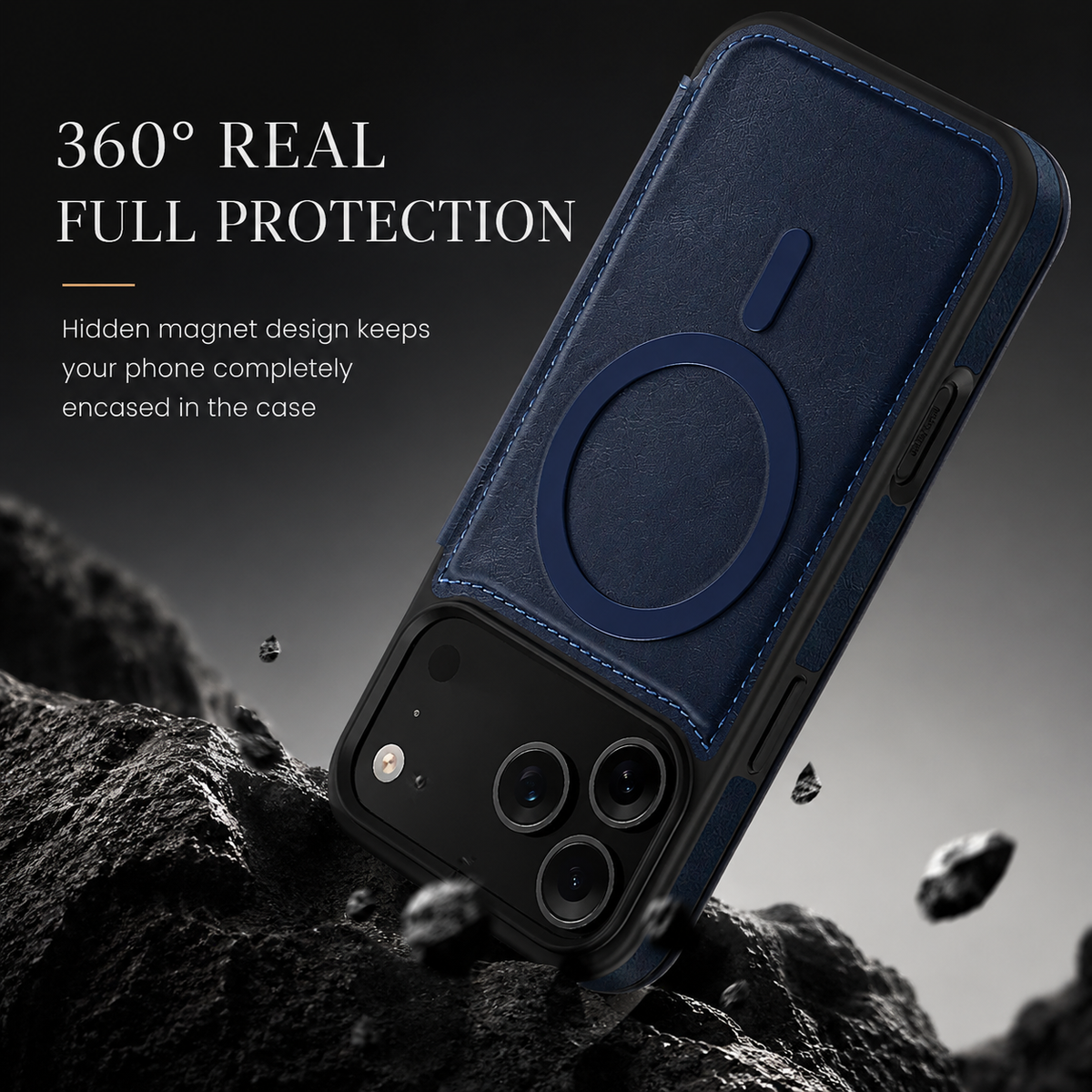 A blue-cased phone tilts camera-corner-first toward rough rocks, with fragments nearby. Its magnetic ring and stitched back remain visible beneath text advertising full protection.