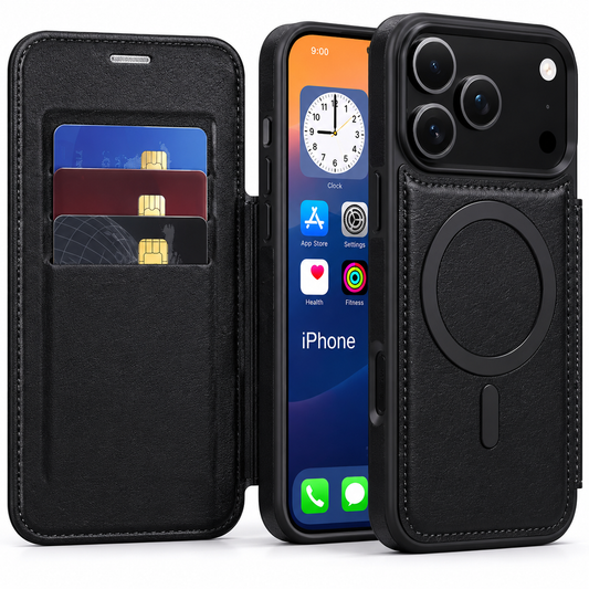An open black leather-look flip case shows three stacked payment cards in its inner flap beside the phone's screen. A rear view displays stitched edges and a magnetic ring below the camera panel.