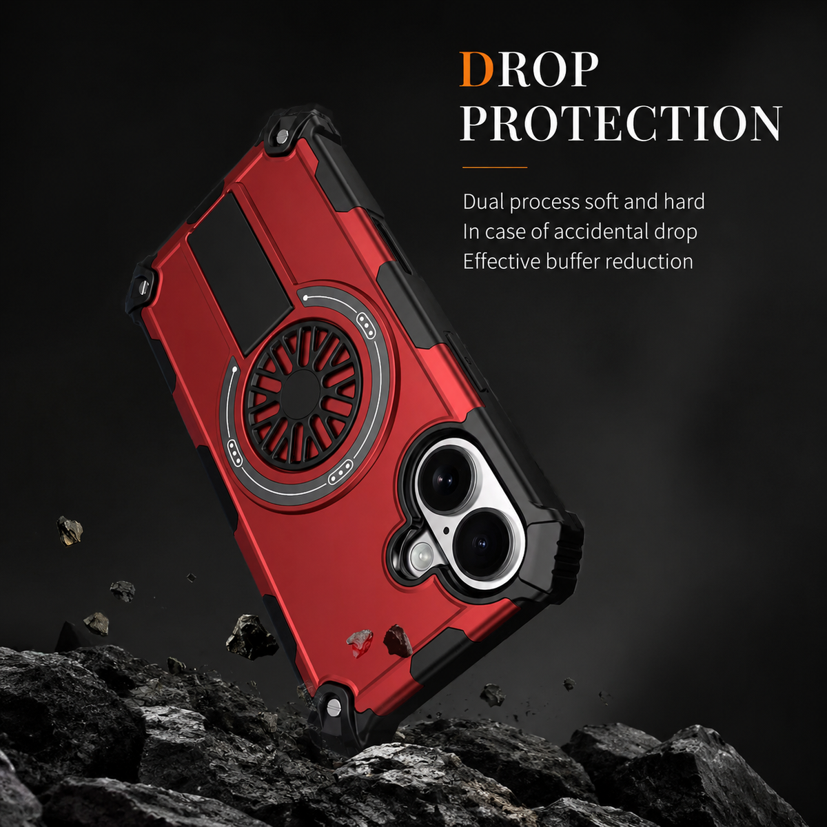 Red rugged case illustrated falling onto dark rocks, with small debris around its reinforced corners. Text advertises drop protection from a combination of soft and hard layers.