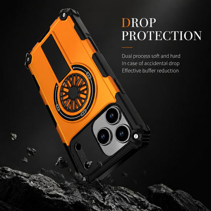 Orange rugged case illustrated striking dark rocks at one corner. Text advertises drop protection and cushioning from the case's soft and hard layers.