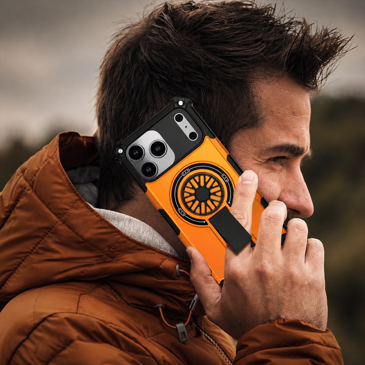 A man in a brown jacket holds an orange rugged-cased phone to his ear outdoors. The case has black reinforced corners and a wheel-shaped circular detail on the back.