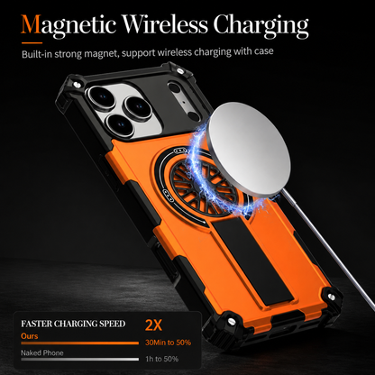Orange rugged case shown with a white magnetic charging puck over its circular back detail. Blue rings illustrate attachment, while text advertises wireless charging and faster charging.