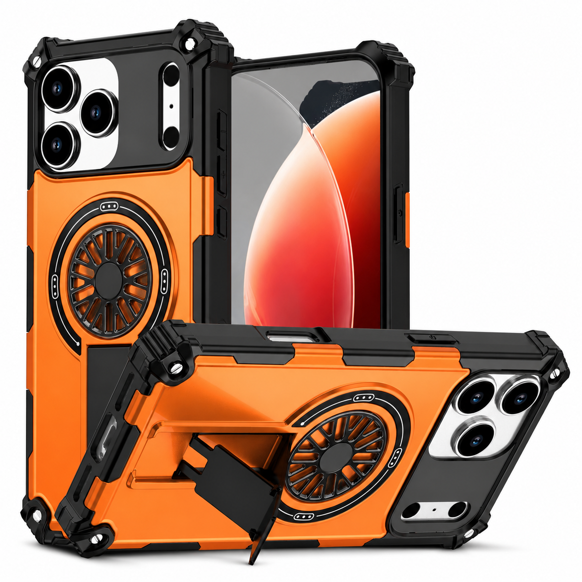 Orange and black rugged case shown upright from the front and back. A second phone stands horizontally on its rectangular kickstand beneath a wheel-shaped circular back detail.