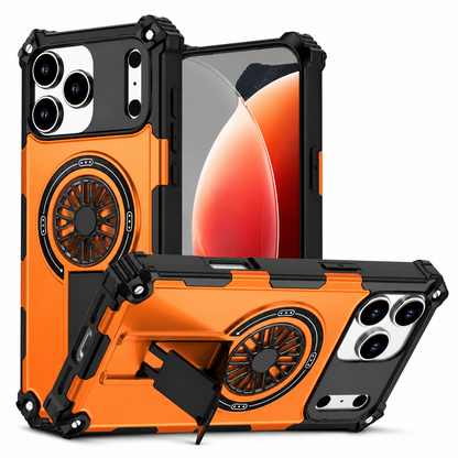 Orange and black rugged case shown upright from the front and back. A second phone stands horizontally on its rectangular kickstand beneath a wheel-shaped circular back detail.