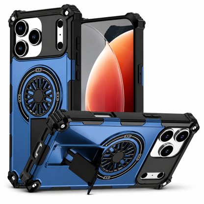 Blue and black rugged case shown upright from the front and back, plus a horizontal view supported by a rectangular kickstand. Reinforced corners and a circular wheel-shaped detail are visible.