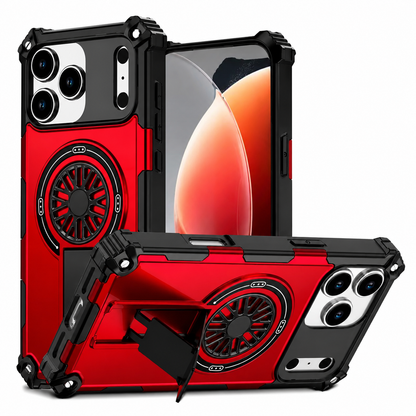 Red and black rugged case shown upright from the front and back. A second phone rests horizontally on its rectangular kickstand beneath the wheel-shaped circular back detail.