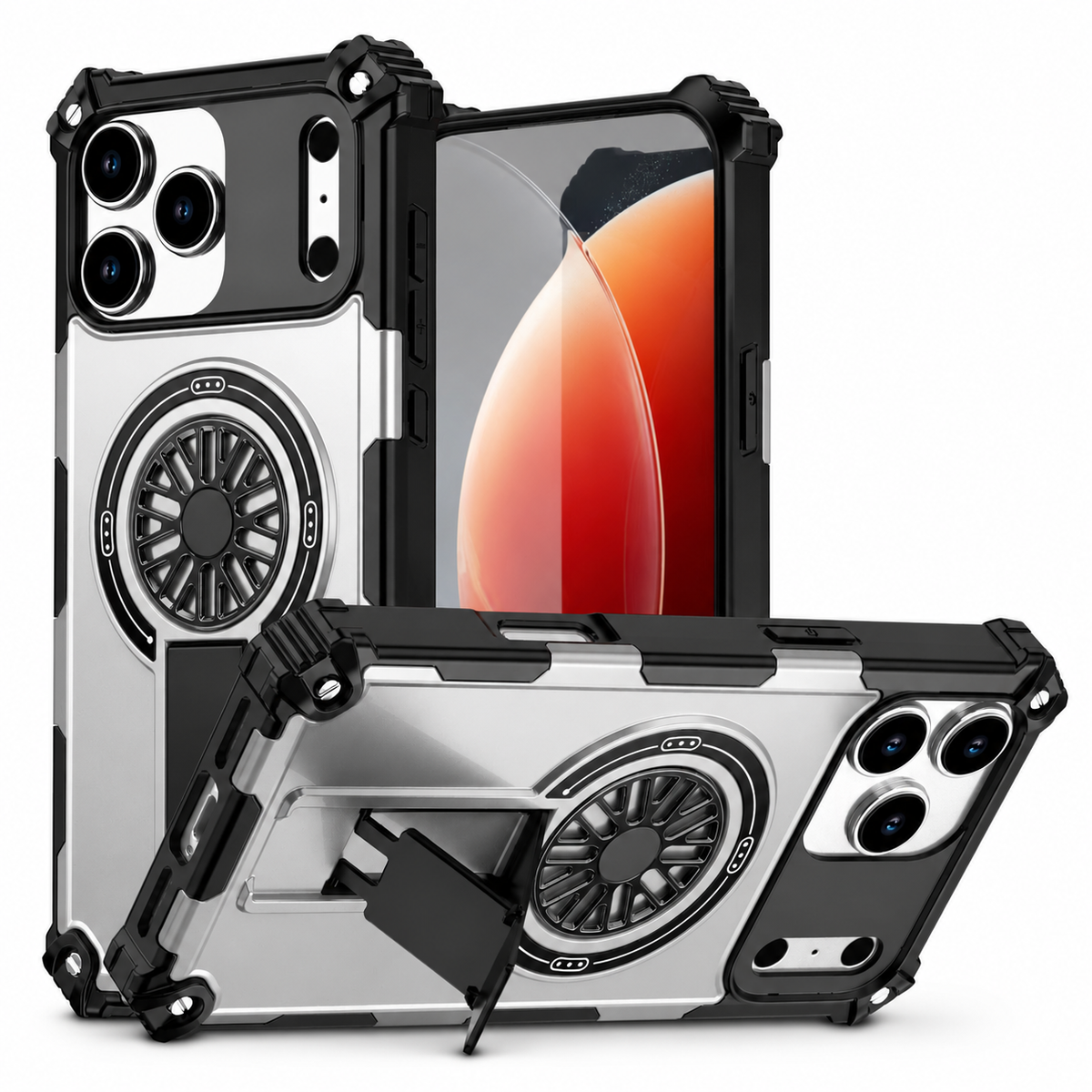 Silver-gray and black rugged case shown upright from the front and back, with another phone supported horizontally by a rectangular kickstand. Chunky corners surround the edges.