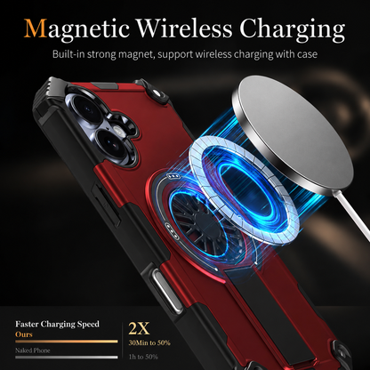 White charging puck floats above a red rugged case, with blue rings illustrating magnetic attachment. Promotional text advertises wireless charging and claims twice the charging speed.