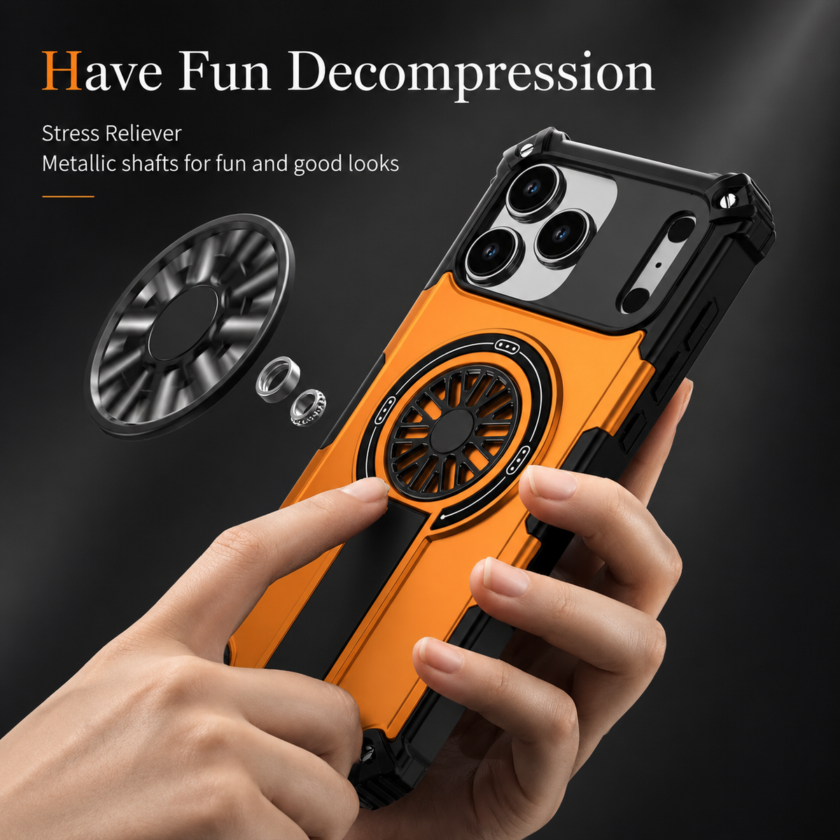 Hands hold an orange rugged case while one finger touches its wheel-shaped back detail. An exploded inset shows the circular part and shaft, advertised as a stress-relief feature.