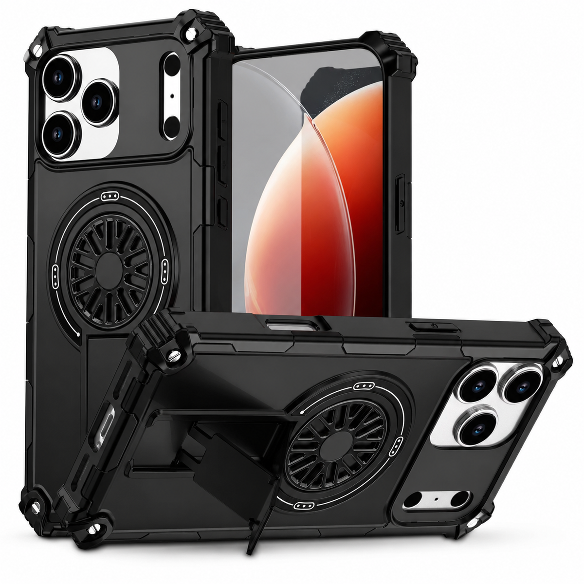 Black rugged case shown upright from the front and back, with another phone supported horizontally by a rectangular kickstand. A wheel-shaped circular detail sits in the center of the back.