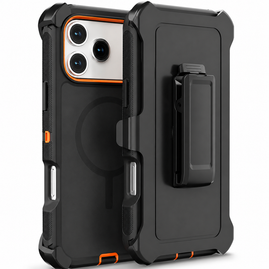 Black with orange trim rugged case shown rear-forward beside a black belt-clip holster. Reinforced black corners and textured side grips surround a dark magnetic ring on the back.