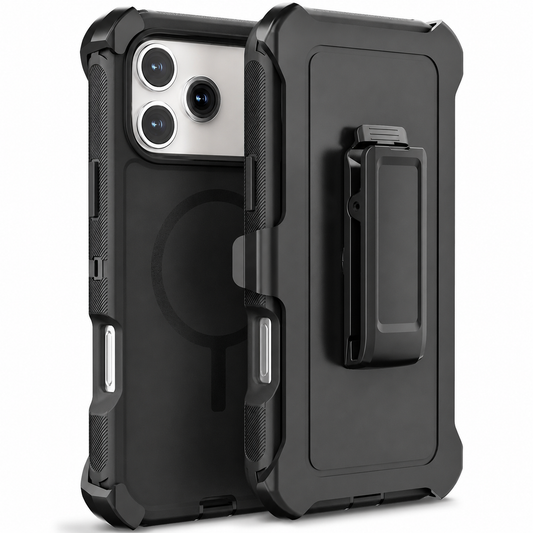 Black rugged case shown rear-forward beside a black belt-clip holster. Reinforced black corners and textured side grips surround a dark magnetic ring on the back.