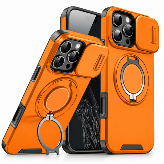 Orange armored case with black edges shown from the front and back. The sliding camera cover is open, and the circular rear ring is extended as a stand.
