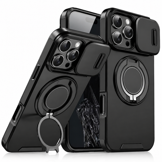 Black armored case shown from the front and back with its camera cover slid open. A second rear view shows the silver-edged circular ring extended as a stand.