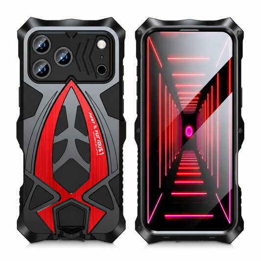 Front and rear views show a black rugged case with bright red angular back accents and thick beveled corners. The screen displays a red tunnel-like graphic.