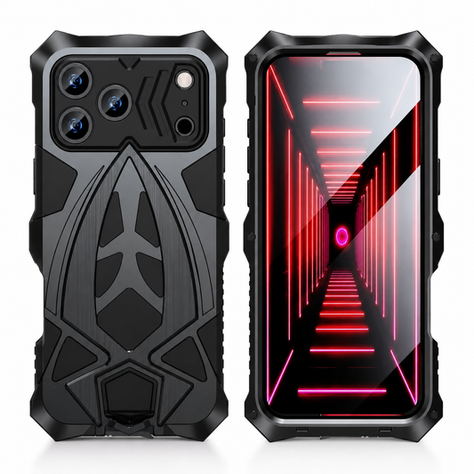 Front and rear views show a black rugged case with sharply angled ridges, thick corners and a central shield-like motif. A transparent-looking front panel reflects a red tunnel graphic.