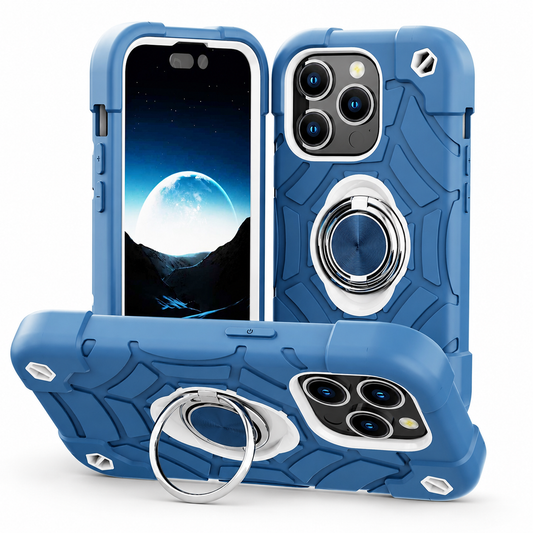 Front, rear and horizontal views show a blue rugged case with angular ridges, thick corners and a silver-colored double-ring stand folded out from its circular back mount.