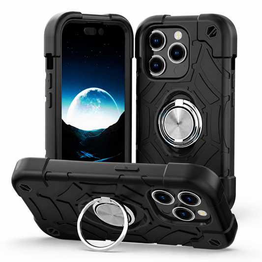 Front, rear and landscape views show a thick black case with angular back ridges and reinforced corners. A silver-colored circular mount holds two folding rings, which support the horizontal phone.