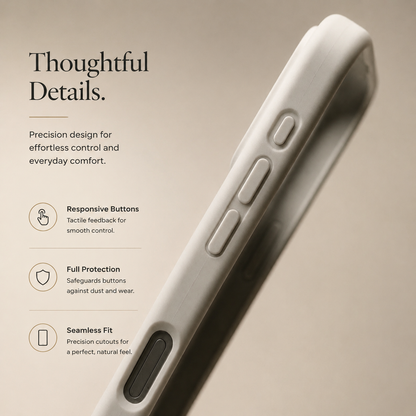Close side view of a pale gray case shows three covered buttons and an elongated dark inset near the lower edge. Text highlights button response, protection, and fit.