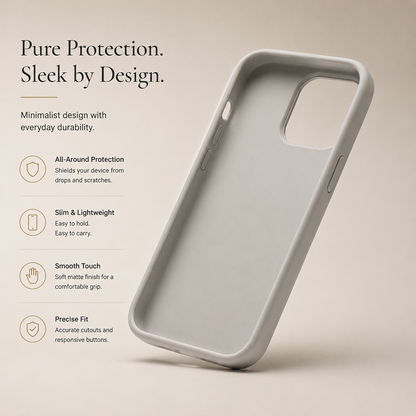 Empty pale gray case tilted upright on a beige surface, showing its smooth interior and large camera opening. Text advertises protection, a slim profile, smooth touch, and precise cutouts.