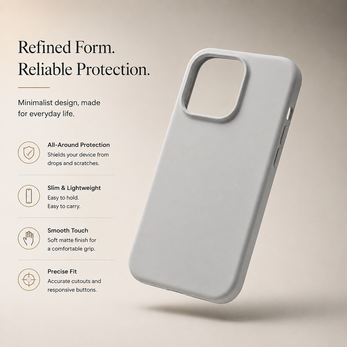 Pale gray case floats at an angle above a beige surface, showing a plain matte back, raised camera opening, and covered buttons. Text highlights a lightweight profile and protection.