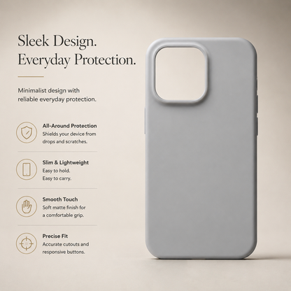 Plain pale gray case stands upright on a beige surface beside text advertising protection, a slim profile, smooth touch, and precise fit. Its large camera opening has a raised border.