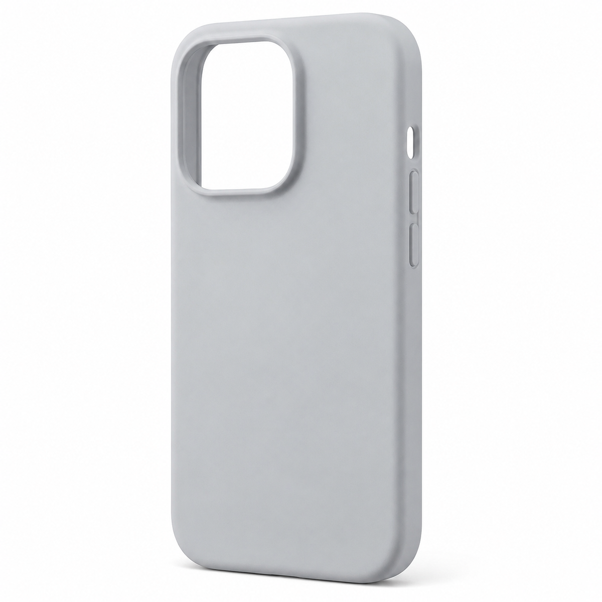 Plain pale gray case standing upright against white, with rounded corners, a large raised rectangular camera opening, covered side buttons, and an oval side cutout.
