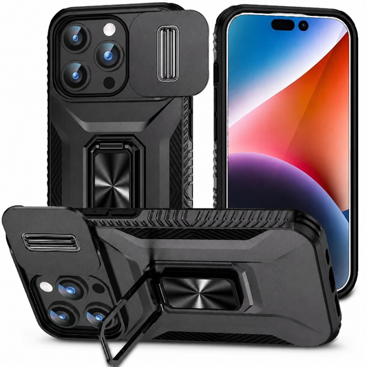 Front, rear and horizontal stand views show a black angular armor-style case, with an open sliding camera cover, ridged sides and rectangular ring stand.