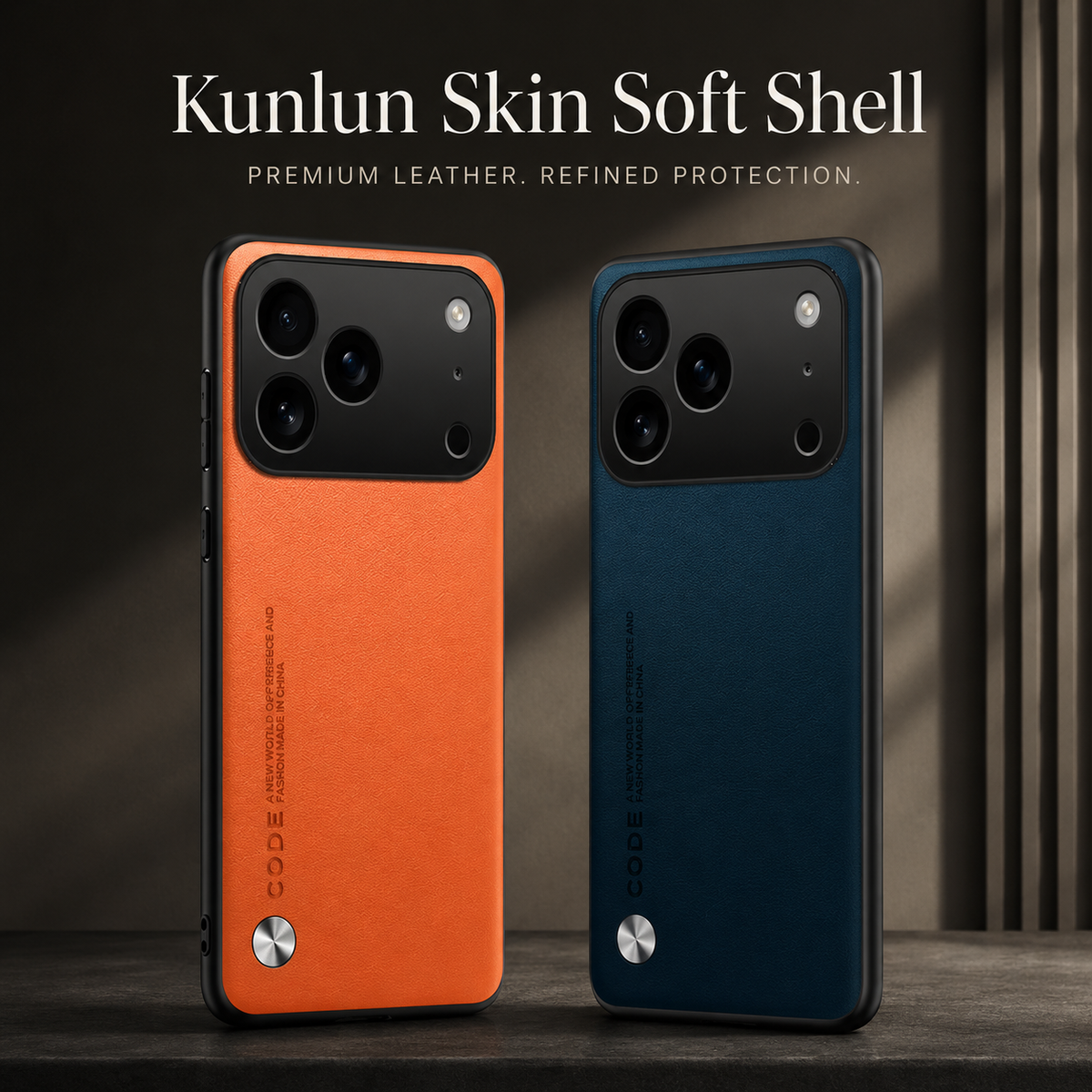 Orange and deep blue textured cases stand upright with small printed lettering and silver circular accents. Text names the design 'Kunlun Skin Soft Shell'.