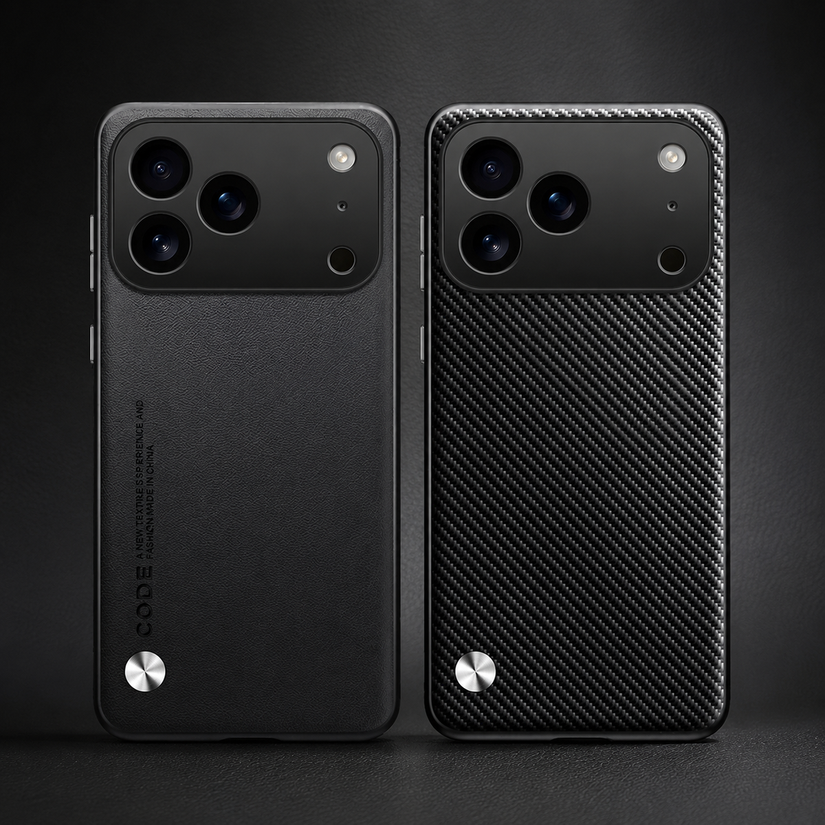 Two black cases stand together, one with a plain fine-textured back and the other with diagonal carbon-fiber-like texture, both with silver circular accents.