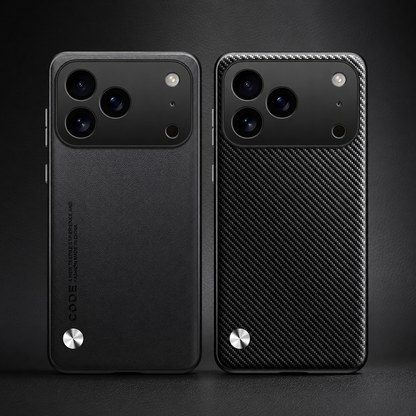 Two black cases stand together, one with a plain fine-textured back and the other with diagonal carbon-fiber-like texture, both with silver circular accents.