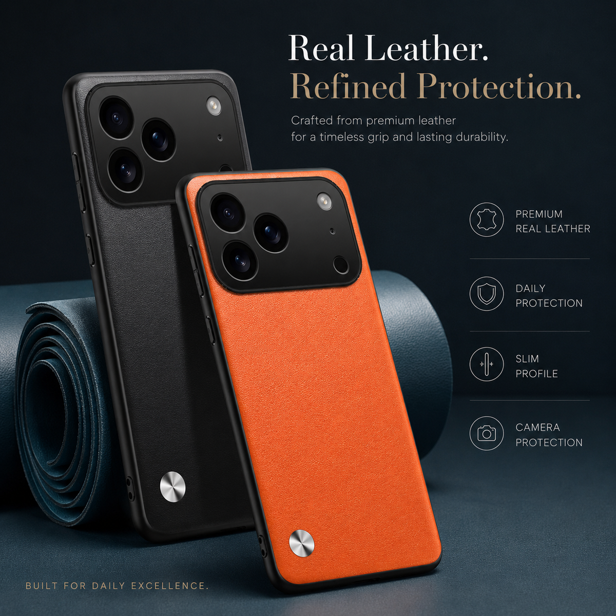 Black and orange textured cases stand beside a rolled material swatch, with silver circular accents. Text advertises real leather and protective features.