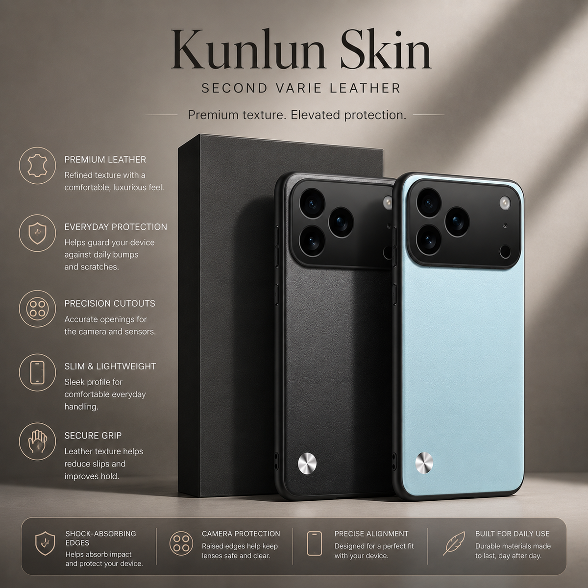 Black and pale blue cases stand against display blocks, with broad camera guards and small silver accents. Text advertises leather, a secure grip and a slim design.