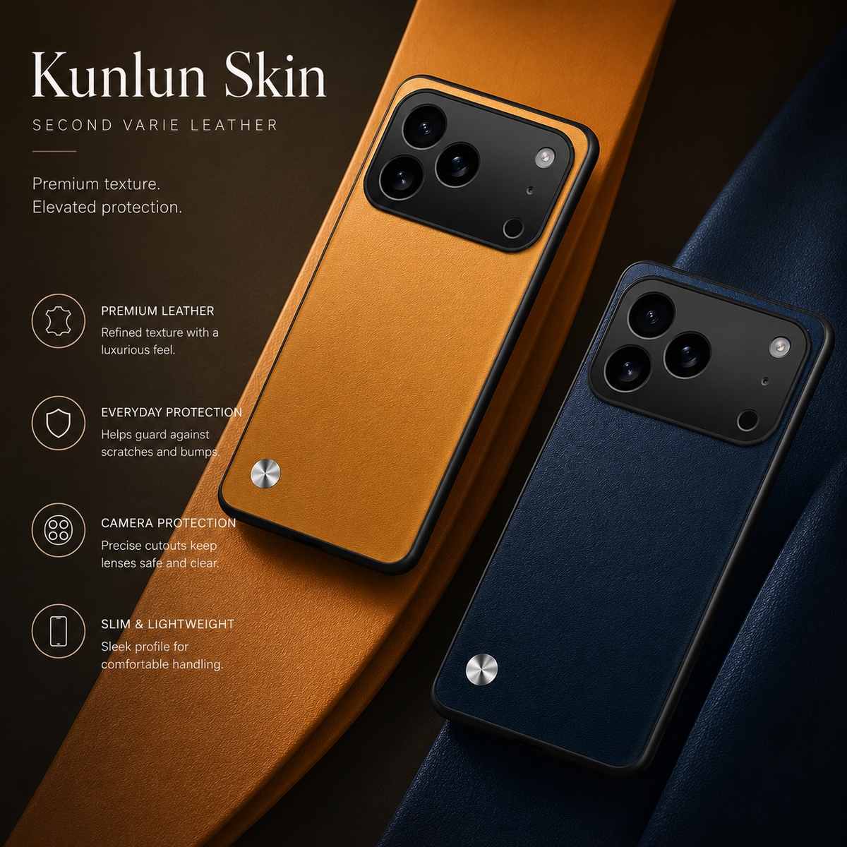 Mustard-orange and navy textured cases lie on matching material strips, with broad camera openings and silver circular accents. Text highlights protection and a slim profile.