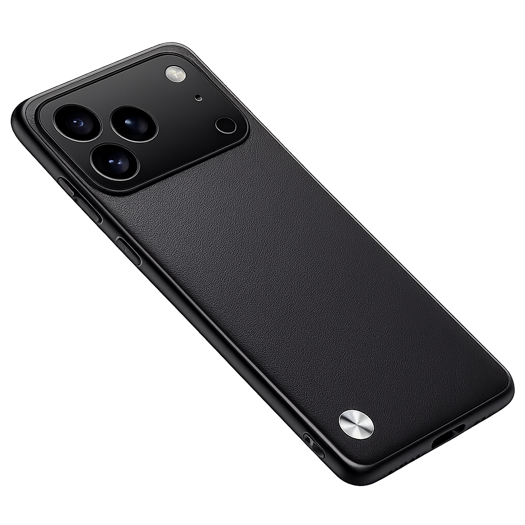 Black phone case shown diagonally against black, with a fine textured plain back, wide camera opening and a small silver circular accent near the bottom.