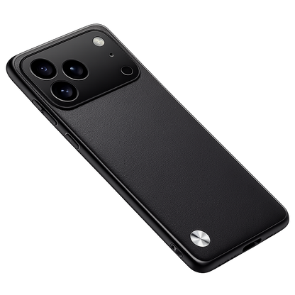 Black phone case shown diagonally against black, with a fine textured plain back, wide camera opening and a small silver circular accent near the bottom.