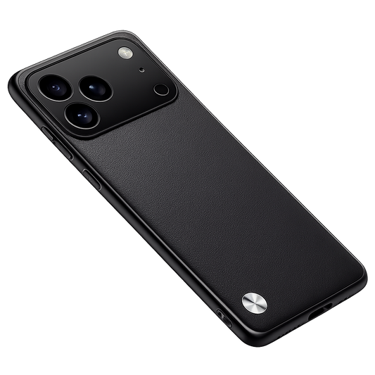 Black phone case shown diagonally against black, with a fine textured plain back, wide camera opening and a small silver circular accent near the bottom.