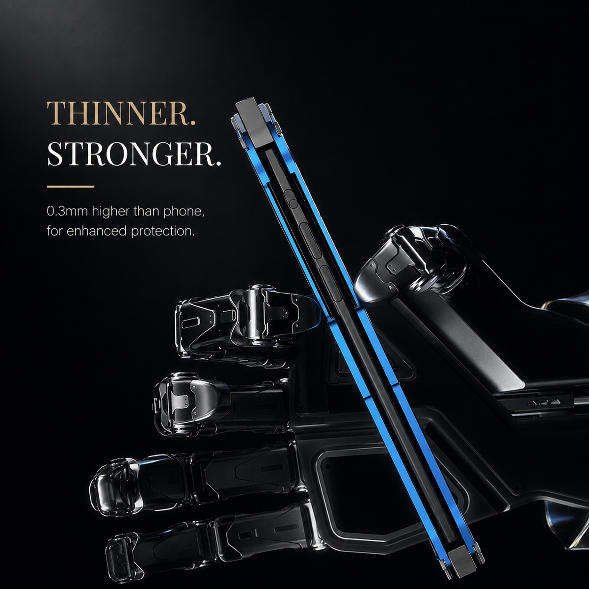 A robotic hand holds a silver-and-blue case edge-on beneath Thinner. Stronger.