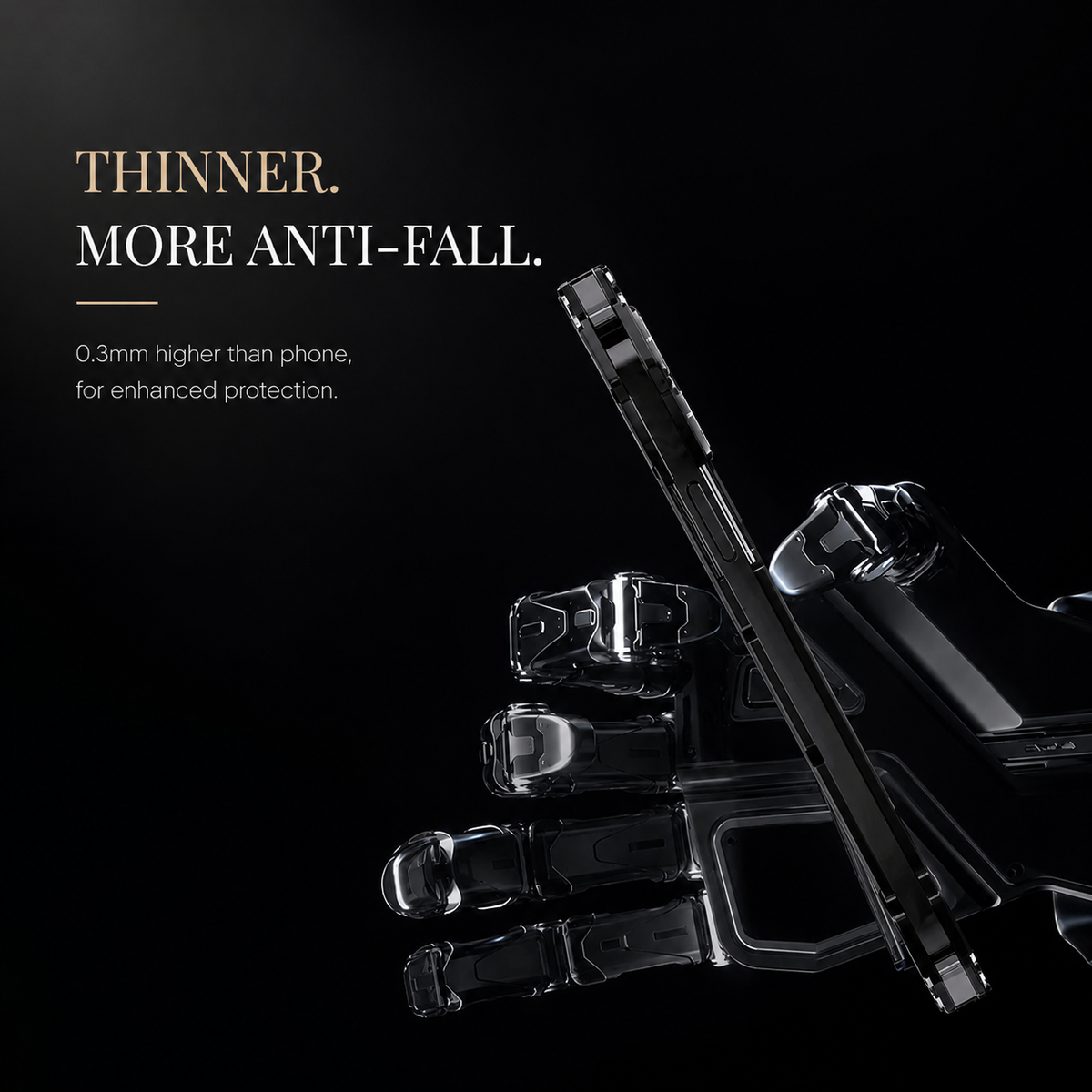 A robotic hand holds a black case edge-on beneath Thinner. More Anti-Fall.