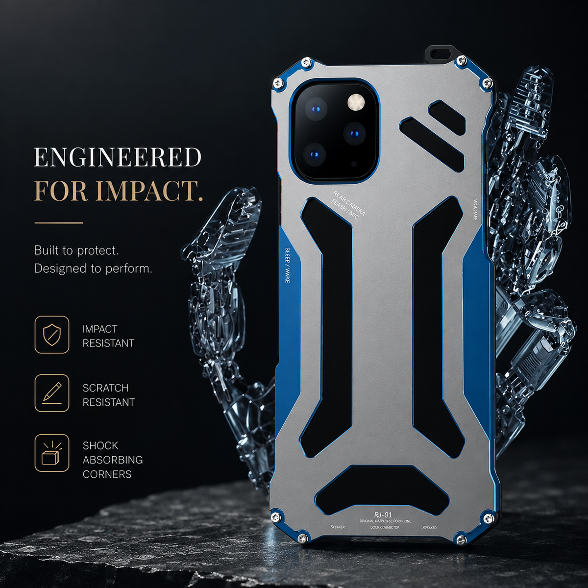 A silver-and-blue case stands between glass-like fragments on a dark platform beneath Engineered for Impact.