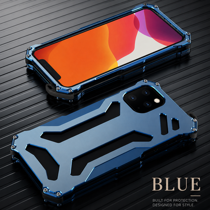 Front and rear views of a silver-and-blue case lie on a dark ribbed surface beneath Blue.