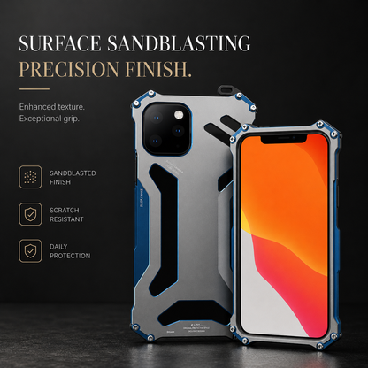 Front and rear views of a silver-and-blue case stand on rough stone beneath Surface Sandblasting Precision Finish.