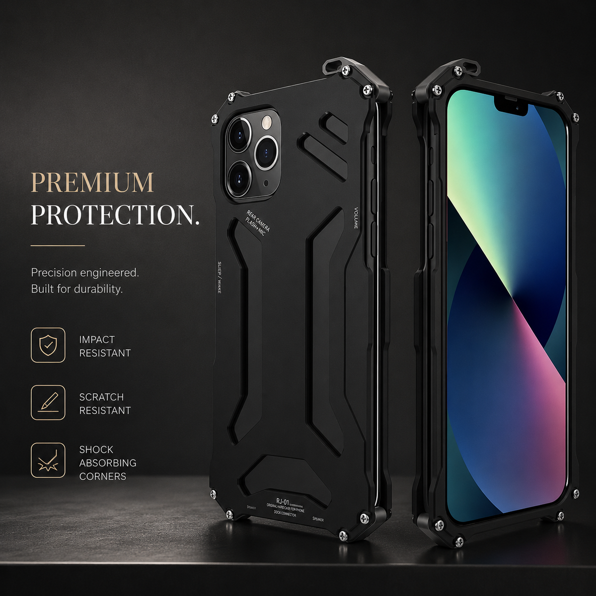 Front and rear views of a black angular case stand on a dark platform beneath Premium Protection.