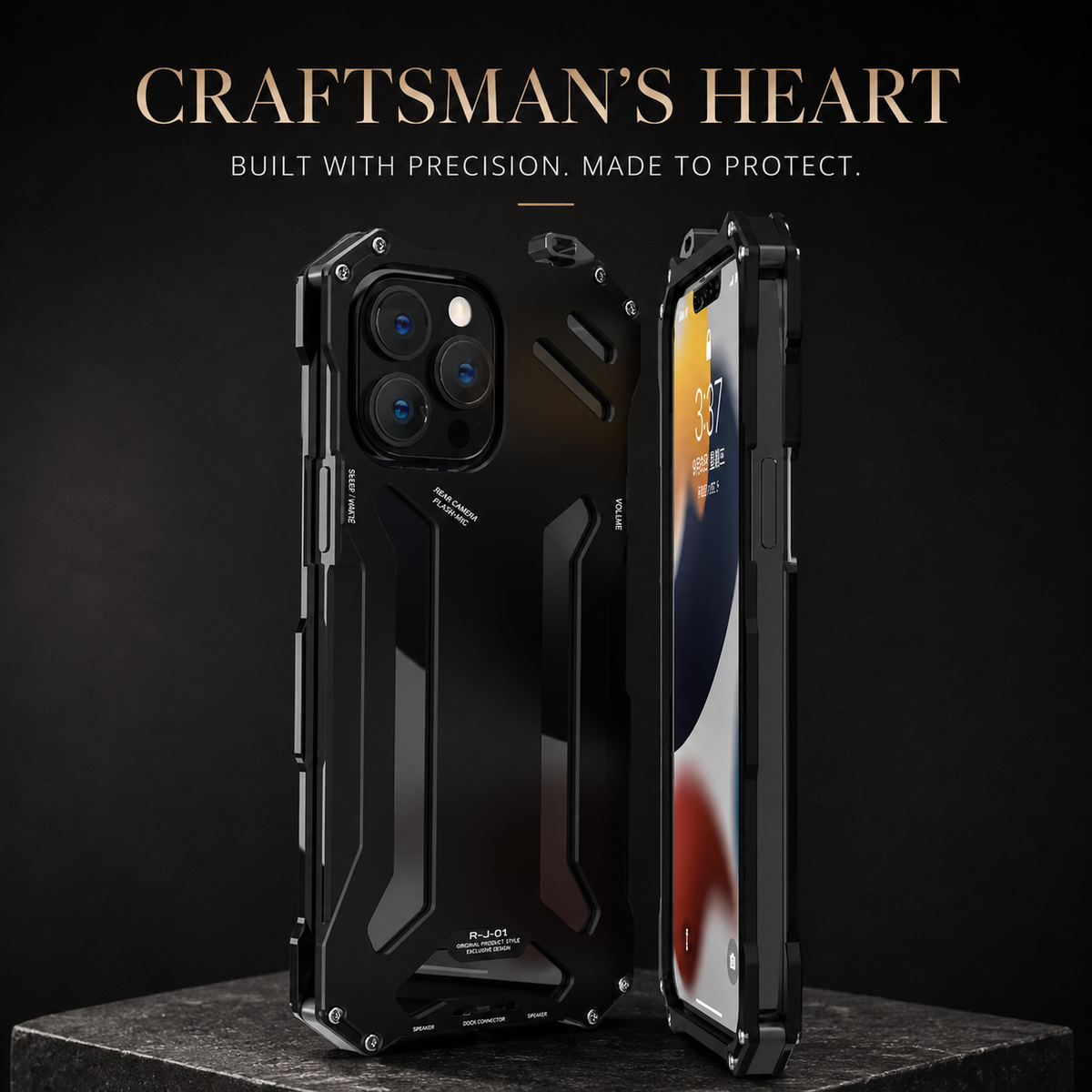 Front and rear views of a black angular case stand on stone beneath Craftsman's Heart.
