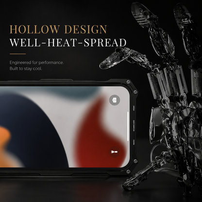 A phone in a black open-back frame appears beside glass-like fragments under Hollow Design Well-Heat-Spread.